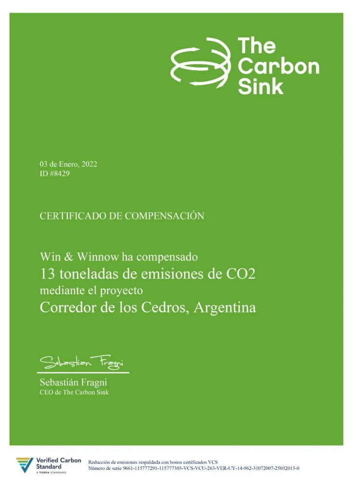 Certificado de empresa de traducción carbono neutral winandwinnow